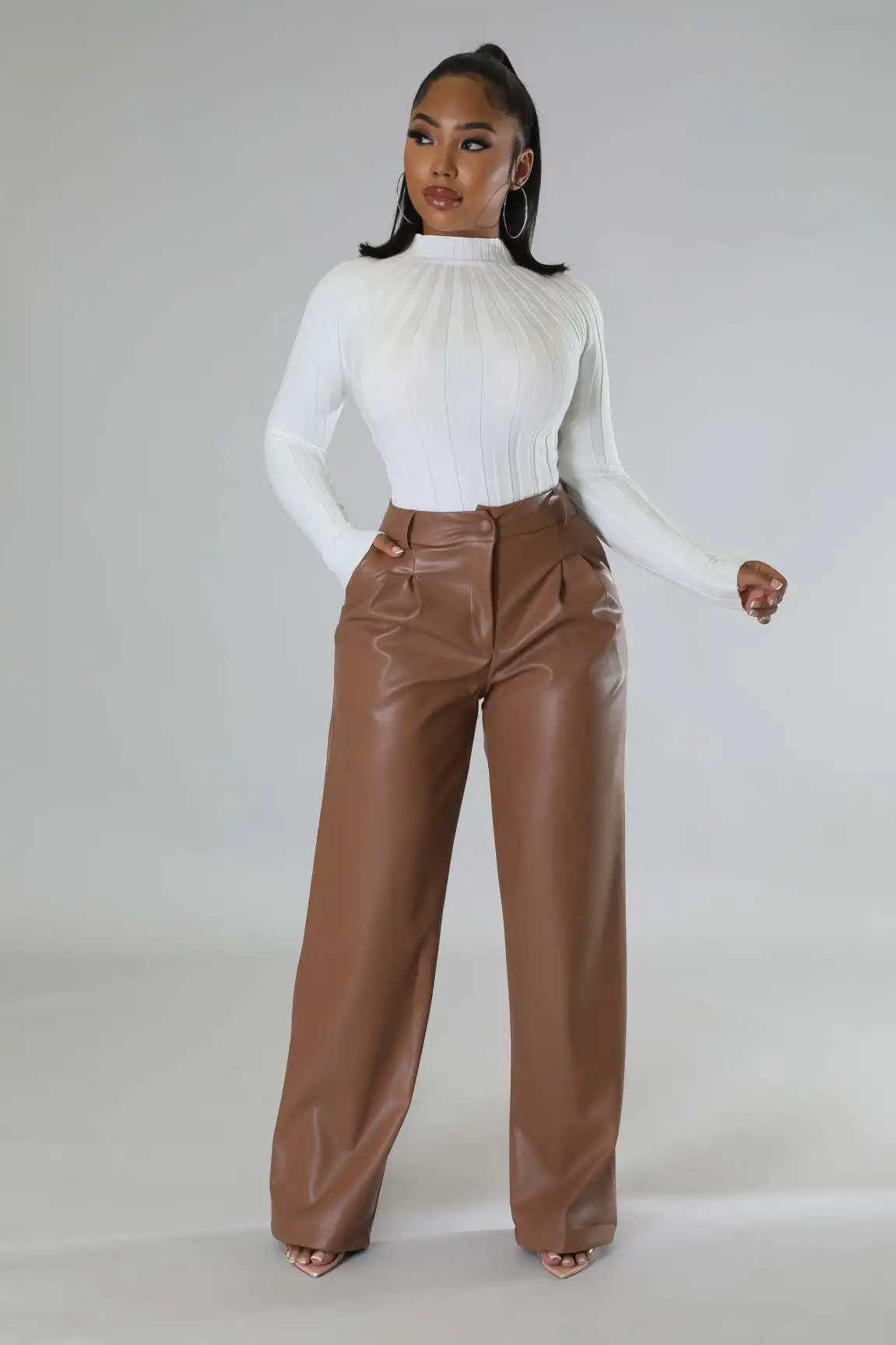 Women Pu Pant Long Pants High Waist Sexy Straight Trousers Loose Casual Regular Button Pocket Elegant Splice Capris 2024