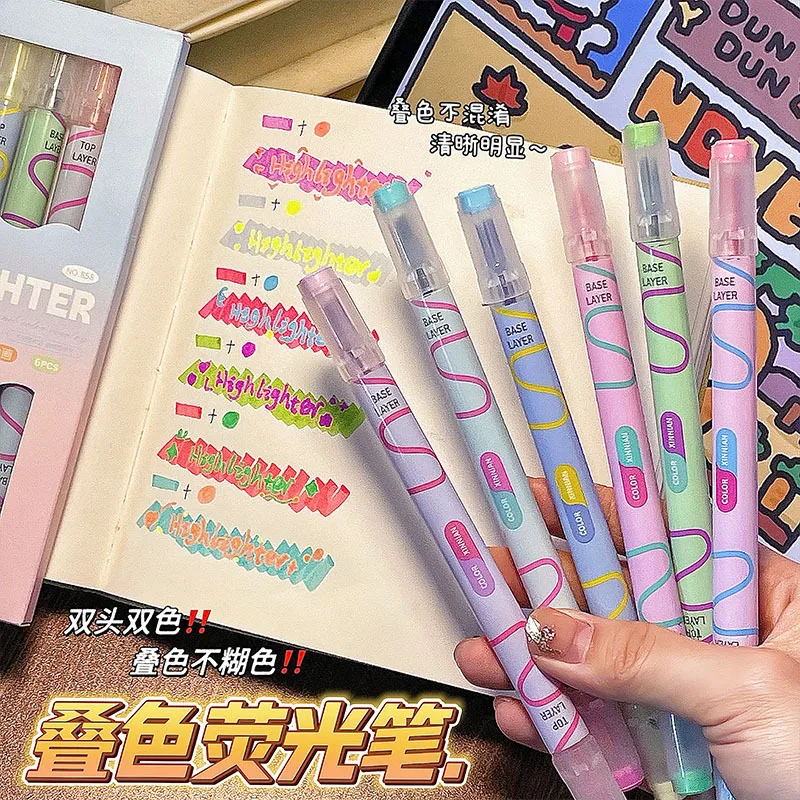 6pcs Stacked Color Watercolor Pe Notes Double-headed Highlighter Marking Highlight Marking Painting Hand Account Painting Pen