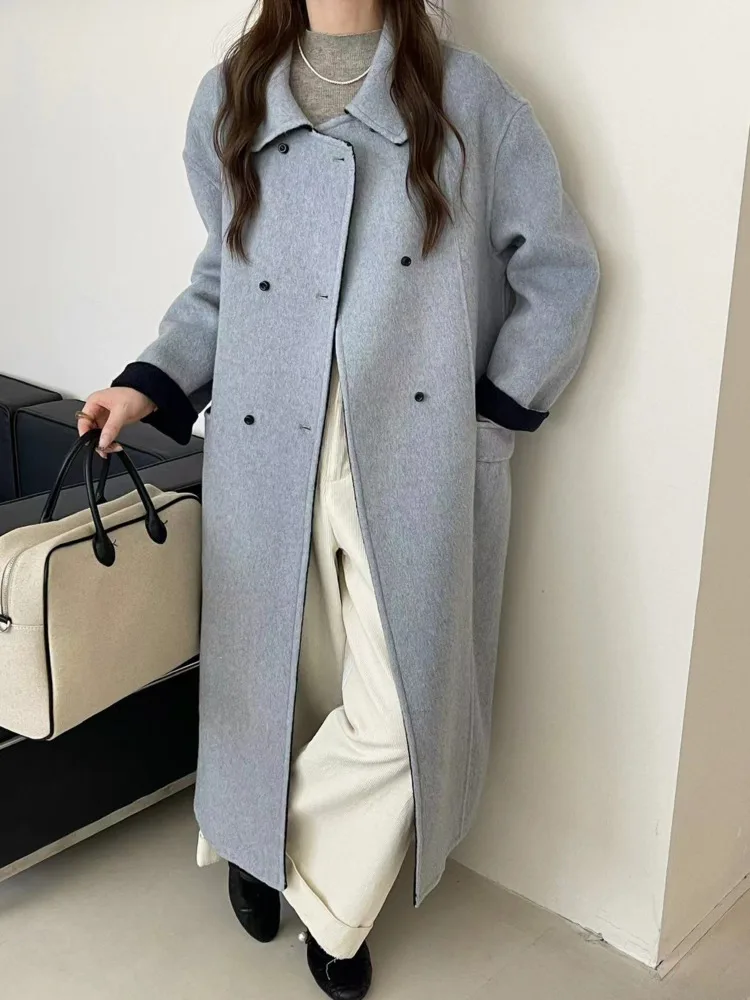 ZMEENNA femmes Double boutonnage Long manteau laine mélange vêtements d'extérieur avec revers cranté décontracté coupe ample veste ZM3967