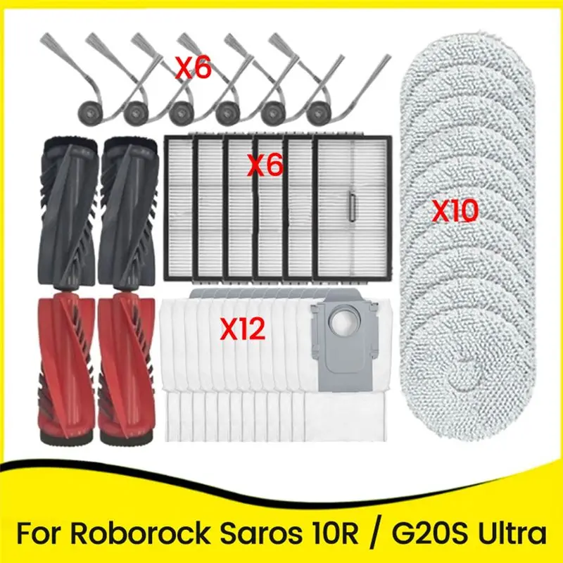 

Запчасти для робота-пылесоса Roborock Saros 10R / G20S Ultra: основные и боковые щетки, HEPA-фильтры, салфетки для влажной уборки, мешки для сбора пыли.