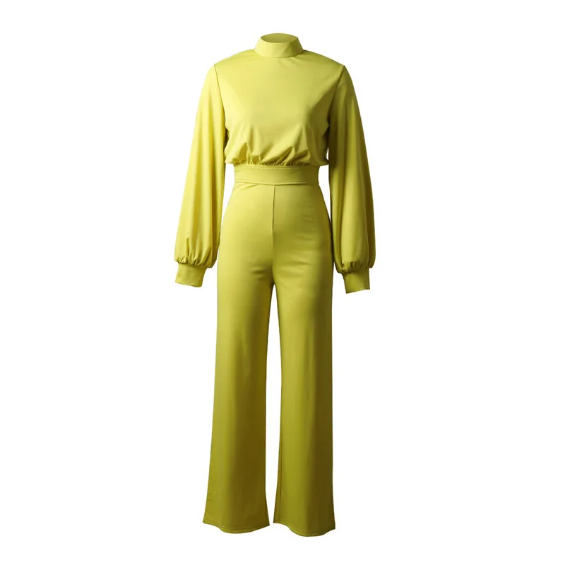 Combinaison à col montant à manches lanterne pour femme, coupe couvertes, salopette décontractée, look bureau, jaune uni, élégant, mode, 2024