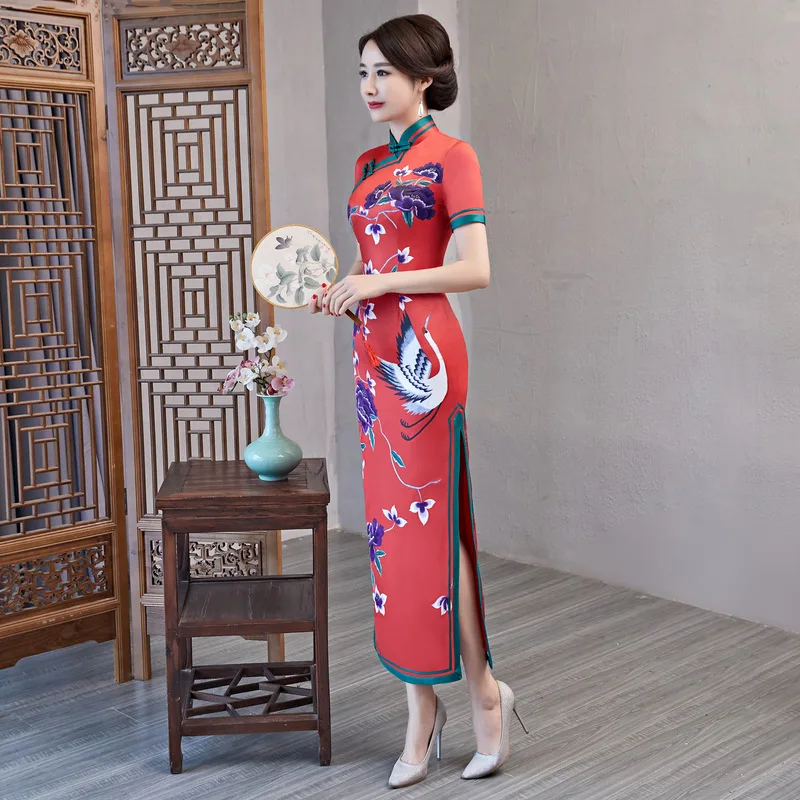 

Women Silk Satin Spring Summer New Qipao Print Female Long Fork Sexy Cheongsam Lady Chinese Traditional Party Dress