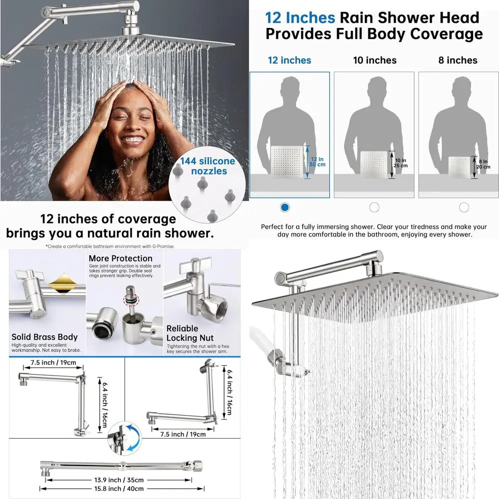 

Роскошная 12-квадратная насадка для тропического душа с выдвижным кронштейном 15, эффектом водопада высокого давления, отделка матовым никелем