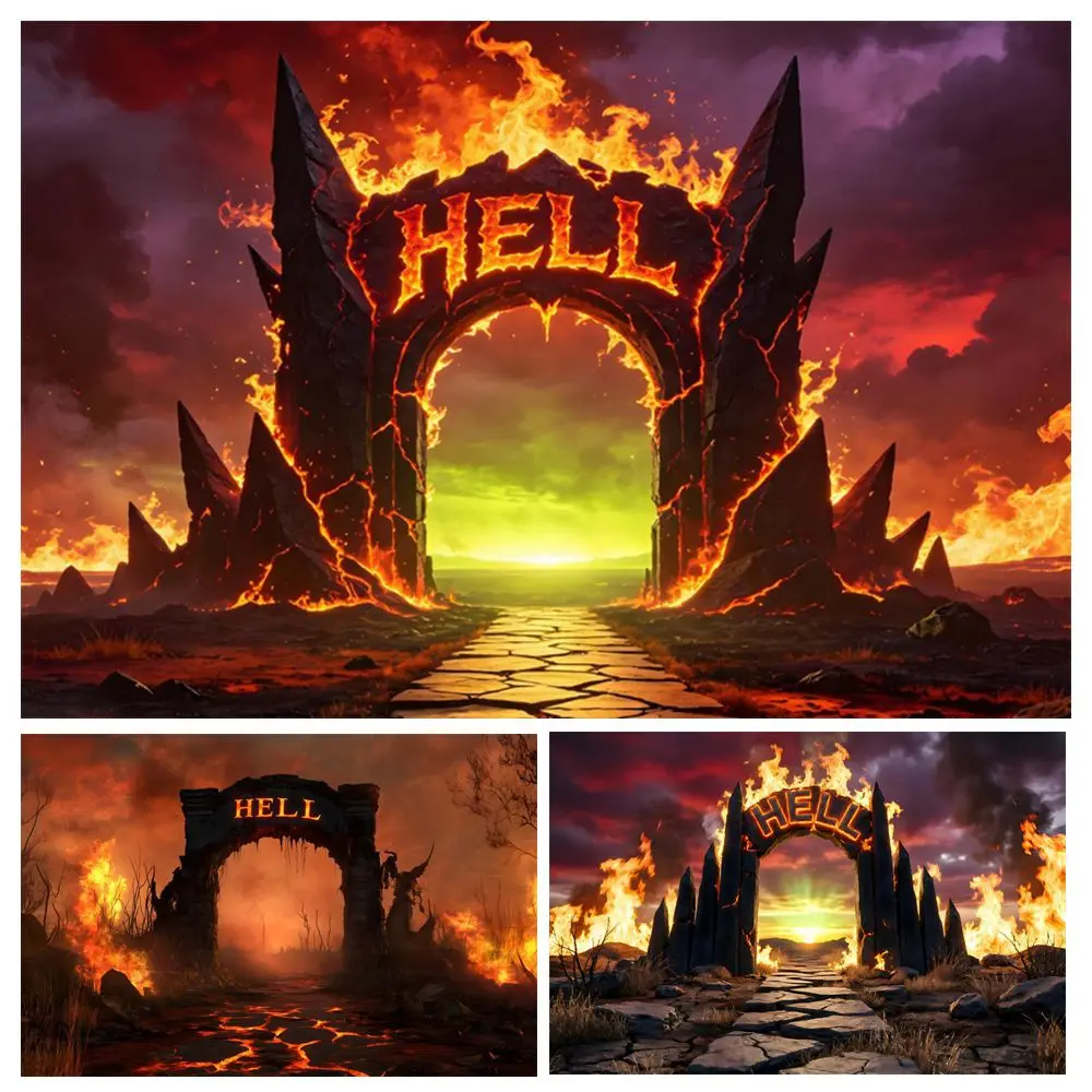 Halloween Hell Backdrop Fire Stone Door Halloween Room Wall Decor Baby Kids Family Portrait Photography Background Photostudio