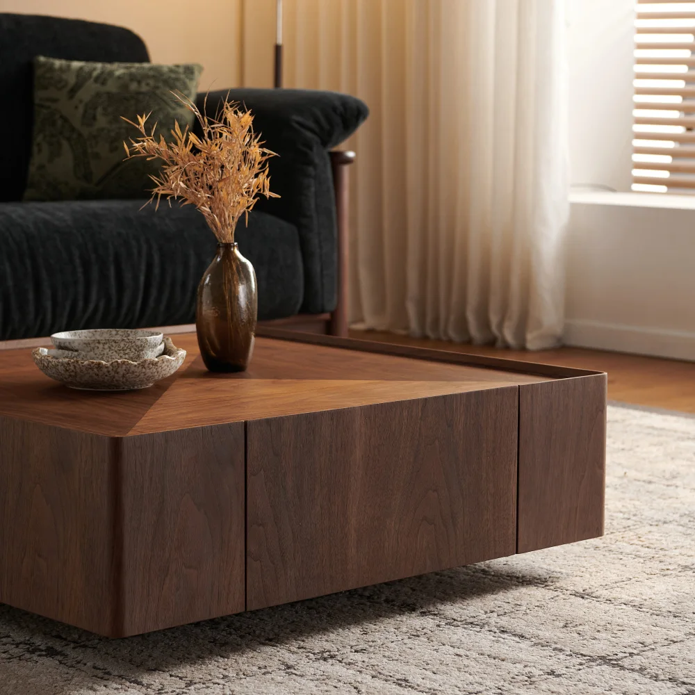 Modern Coffee Table Square Walnut Wood Design Suitable Walnut Wood Material, Suitable for Bedroom, Living Room Café Furniture