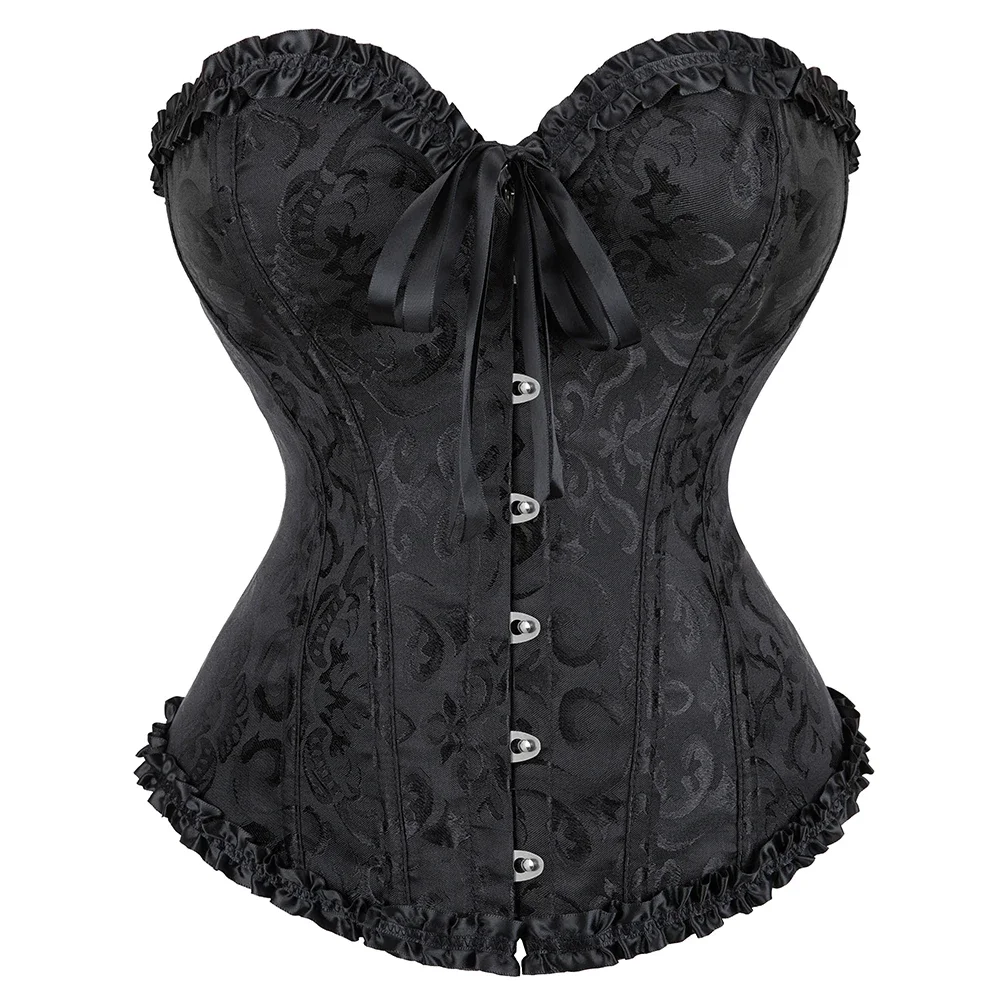 Women Vintage Floral Overbust Corset Gothic Sexy Satin Jacquard Corset Bustier Top Lace Up Body Shap