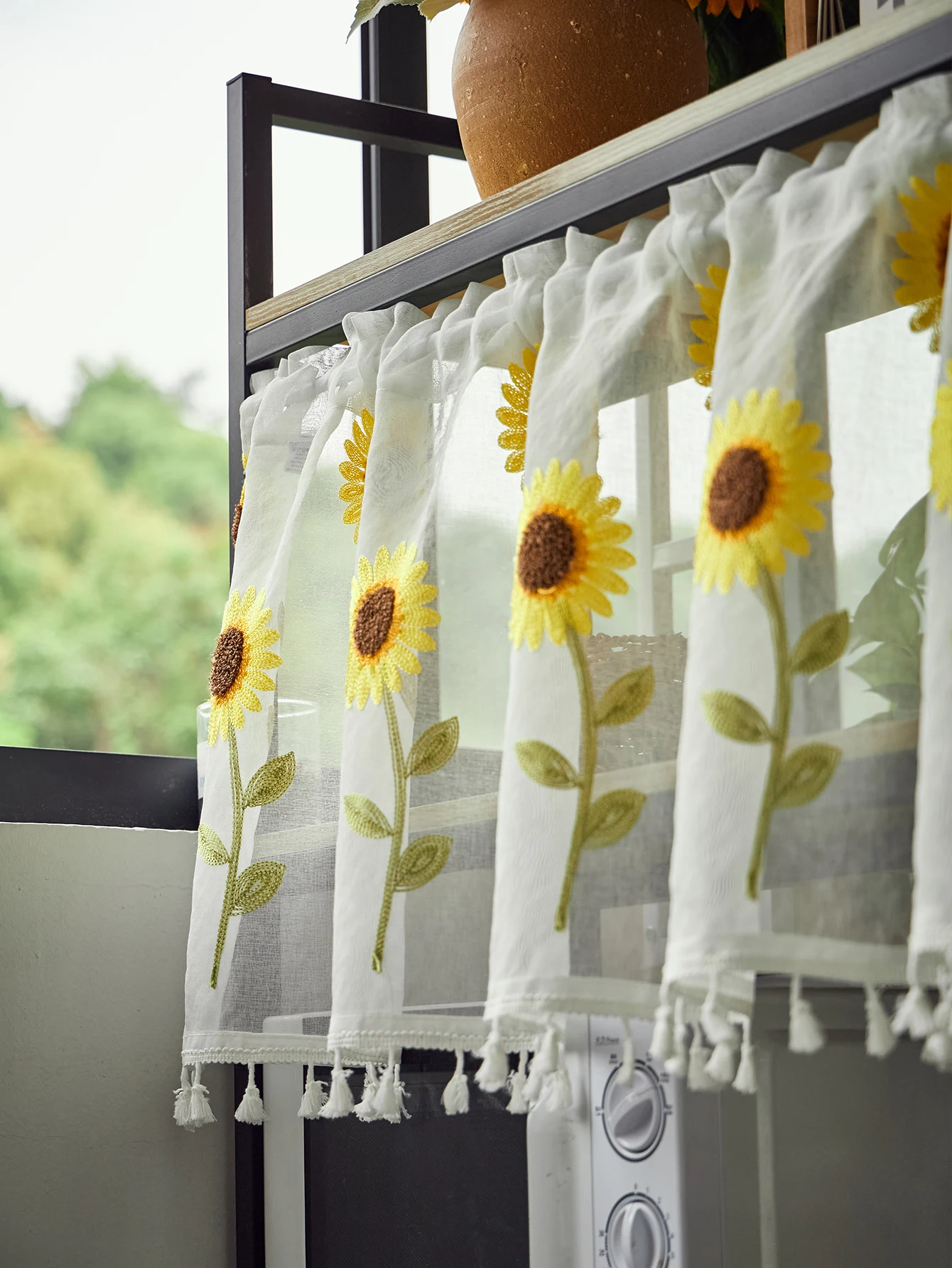 Semi Sheer Curtain Valance for Windows Kitchen Cafe, Sunflowers Embroidery Curtain Window Treatment Spring Summer Home Decoratio