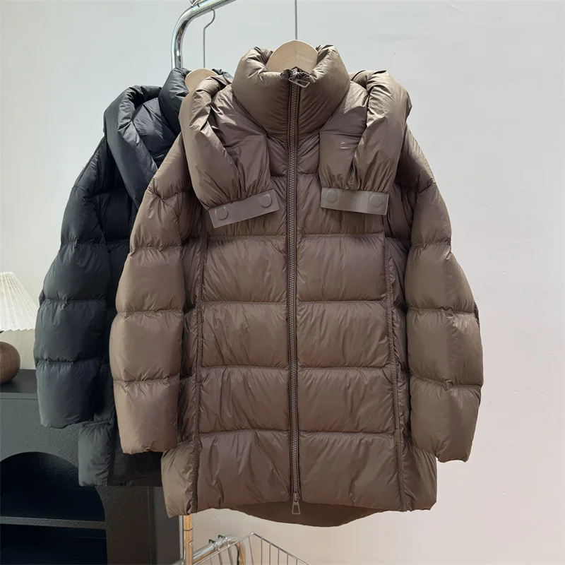 

Winter Mid Length Hooded Puff Down Jacket Female Warm Double Zipper Parker Outwears Women 90% White Duck Down Fluffy Down Jacket
