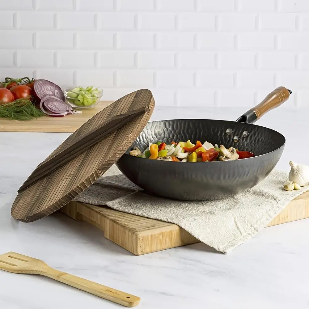 12.5-Inch Hammered Carbon Steel Wok Pan with Lid, Non-Stick Black, Versatile for All Cooktops