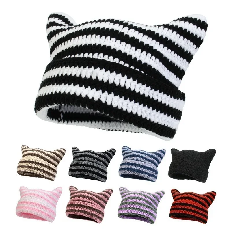 Nowa japońska czapka uliczna Harajuku Little Devil Striped Knitted Hat Women Girls Autumn Winter Cute Cat Ears Cap