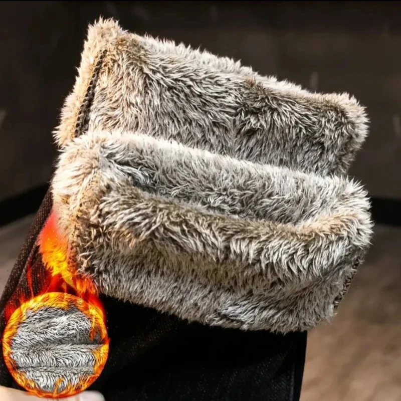 

Plush denim jeans for men in winter, cold resistant trend, elastic slim fit, fashionable embroidery printed warm pants