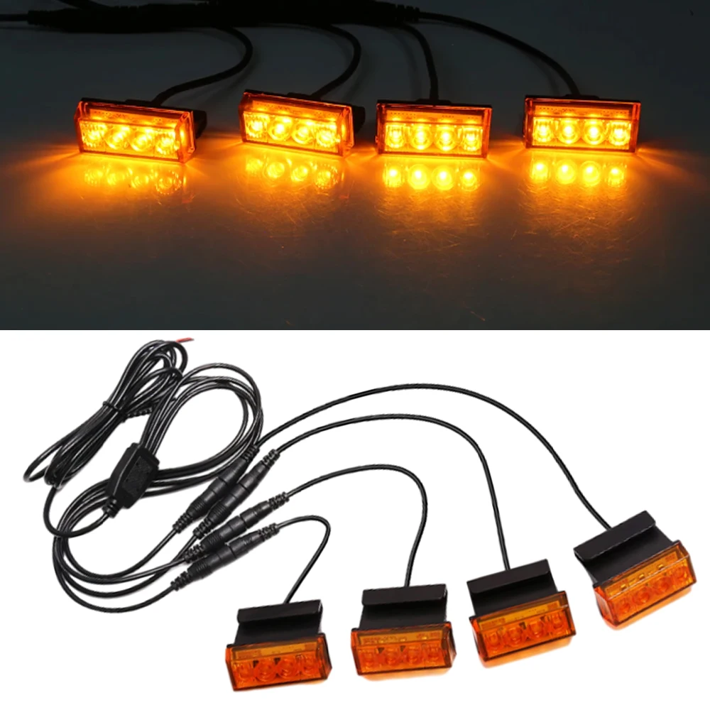 4pcs 12V yellow cover, yellow light always on, one to four car grille lights suitable for cars and off-road vehicles