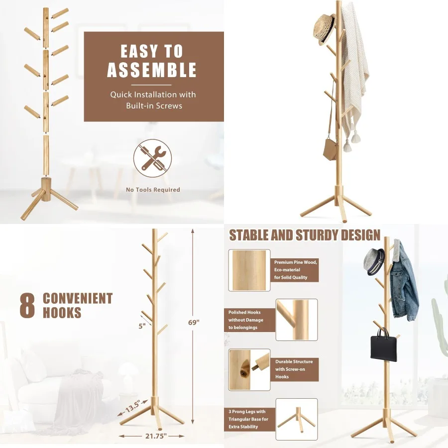 

Wooden Coat Rack Stand with 8 Hooks Made from New Zealand Pine for Organizing Coats Hats Scarves and Handbags in Entryway Hallw