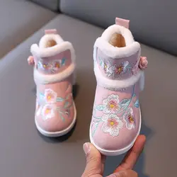 New 2025 Children's Embroidered Shoes Girls' Boots Winter Chinese Style Tang New Year Cotton Boots Kids Warm Shoes CSH1594