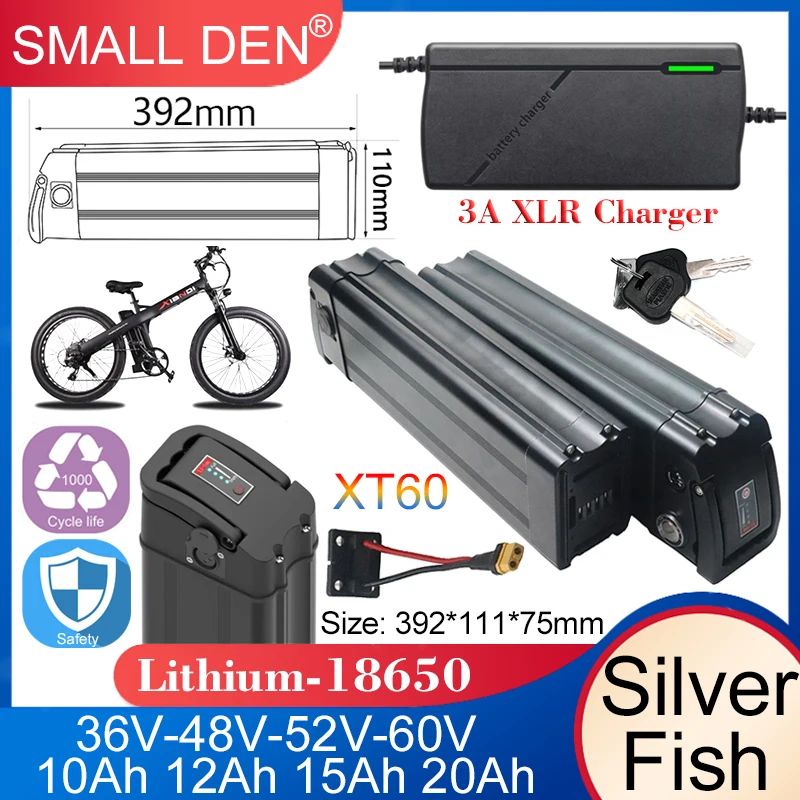 Silver Fish 36V/48V/52V/60V 10Ah 12Ah 15Ah 20A batería de litio para 250W-1800W plegable e-dos ruedas de mano + cargador XLR 3A
