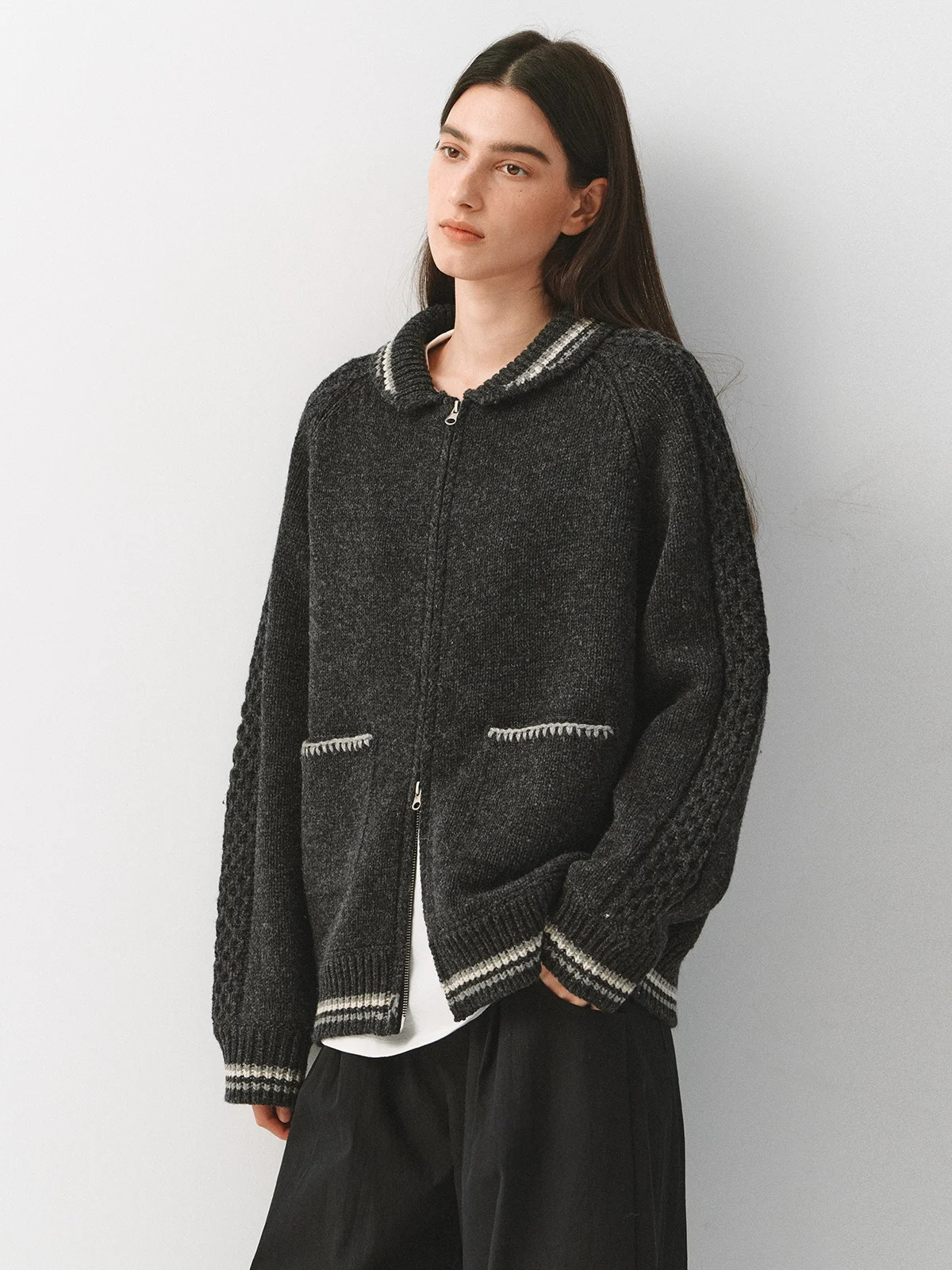 

Retro Sle Women's Knitted Cardigan Sweater Soft Woolen Double Zipper Qingguo Collar Long Sve Comfortable Breathable