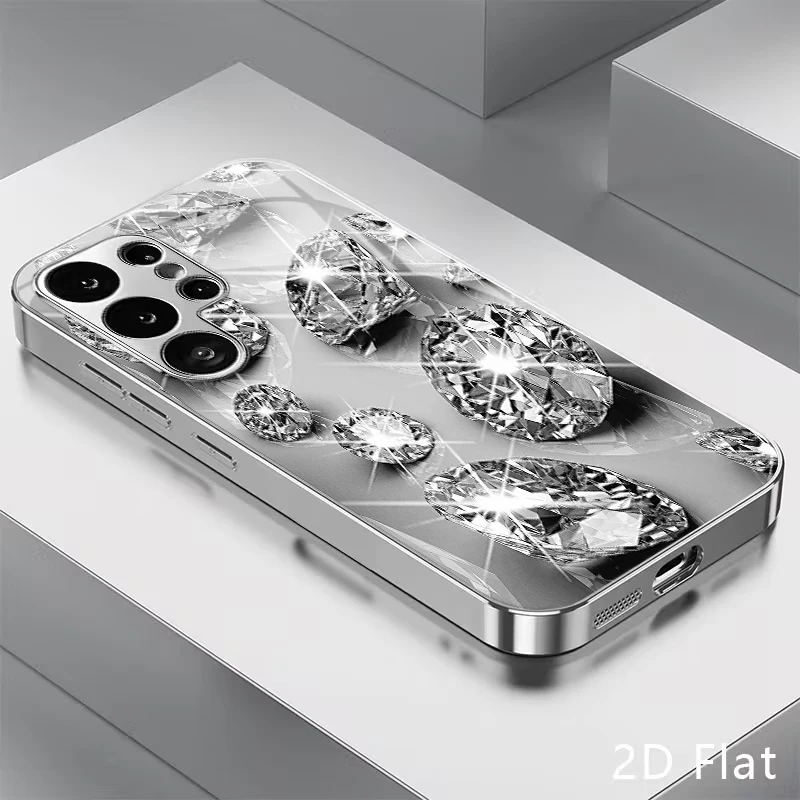 Silver White Shining Crushed Diamond Ornament Pattern Electroplated Glass Phone Case for Samsung Galaxy S26 S25 S24 S23 S22 S21