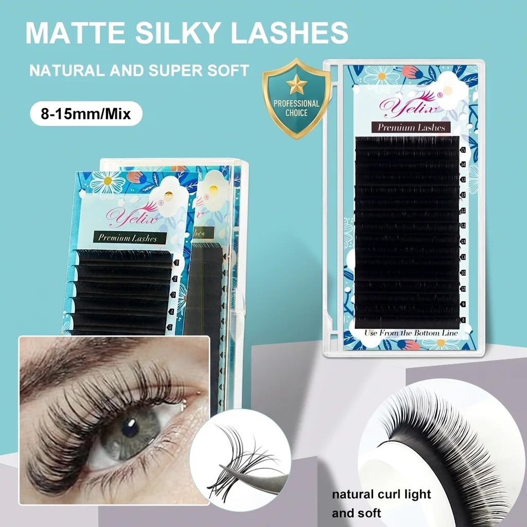 Yelix Matte Silky Round Eyelash Extensions Individual False Lashes Super Soft Natural Dense Stable Curl Lash Artists Salon