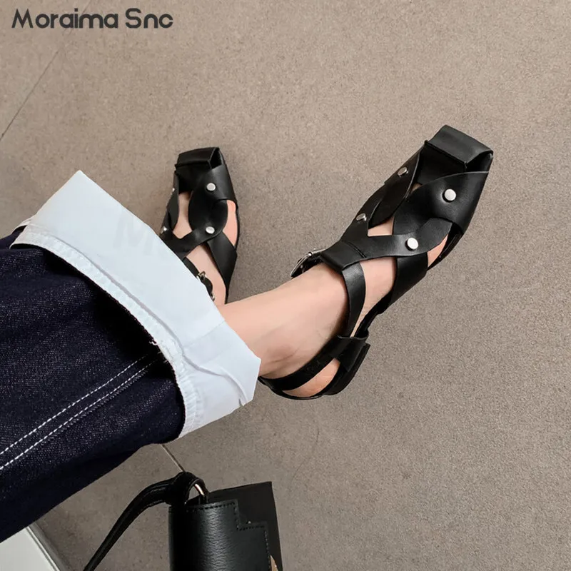 

Square Head Hollow T-Shaped Belt Buckle Sandals Sheepskin Low-Heeled Sandals Summer Gold and Silver Fashion Women's Shoes