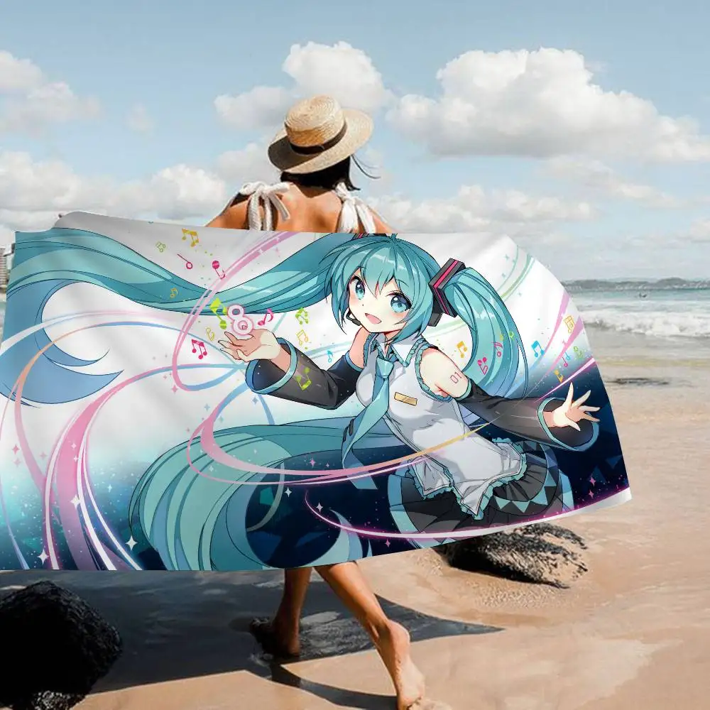かわいい初音ミク柄のミュージックカートゥーンビーチタオル、カラフルなバスタオル（女の子向け）、マイクロファイバー、速乾性、砂がつかないビーチヨガスパジム用タオル