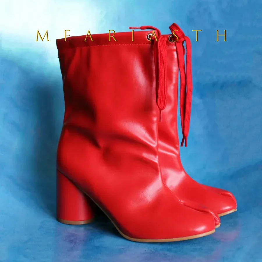 

2025 Brand Designer Tabit Boots 35-42 Size Drawstring Chunky Heel Split Toe Ankle Boots Fashion Autumn Winter Street Style Shoes