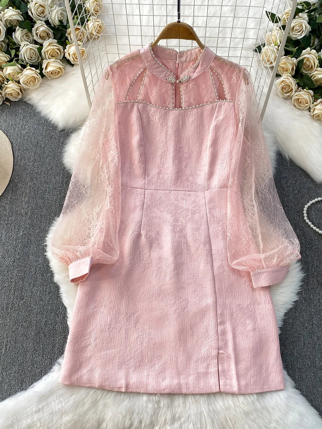 レトロな中国風長袖ワンピース レディース ハイウエストAラインスカート メッシュ切り替えショートワンピース 秋のエレガントな雰囲気