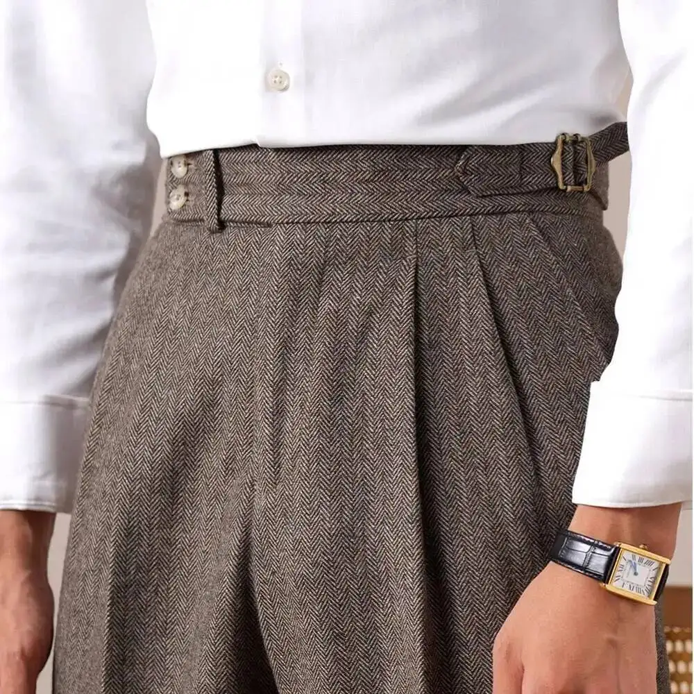 Autumn Herringbone Dress Pants For Men Naples Men's Wool Blend High Waist Social Casual Versatile Long Pants Office Trousers Men