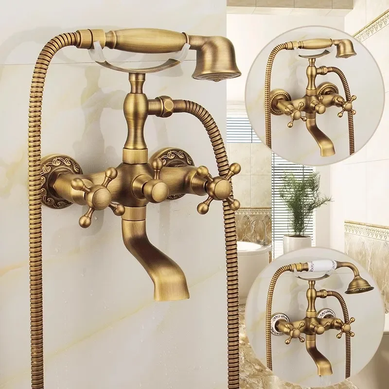 

Antique Bathtub Shower Set Wall Mounted Brass Faucet Bathroom Hot and Cold Bath and Mixer Taps