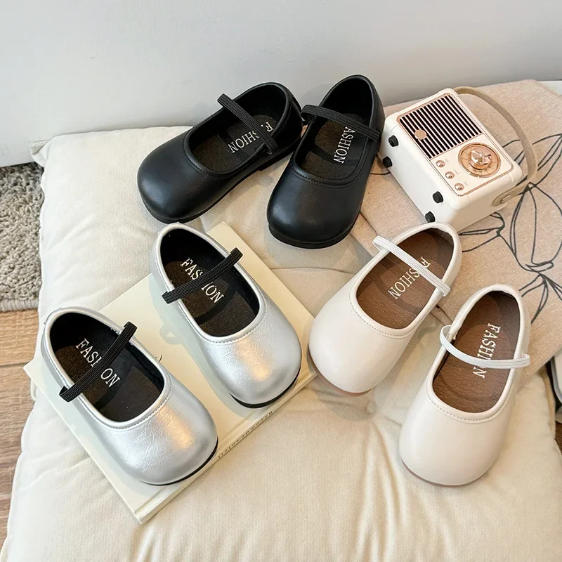 

Children's PU Leather Shoes Round Head Spring Autumn New Girls Black Soft-soled Princess Loafer Retro Baby Flats