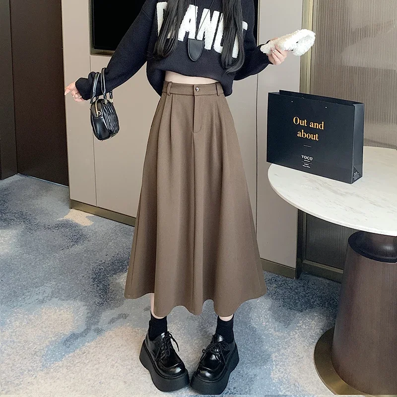 Woolen Skirt 2024 Autumn Winter  High Waist A-line Skirt Slim Long Midi Skirt Harajuku  Korean Style