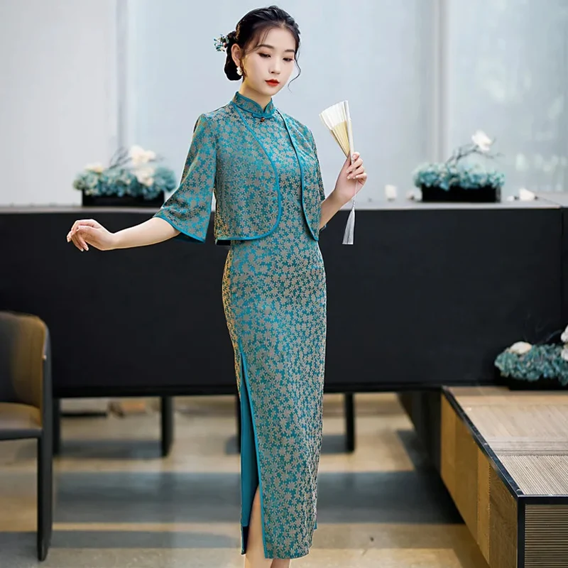 

Autumn Cheongsam Set Sexy Slim Fit Long Qipao Shawl Two Piece Fashion Printing Elegant Temperament Chinese Traditional Dress