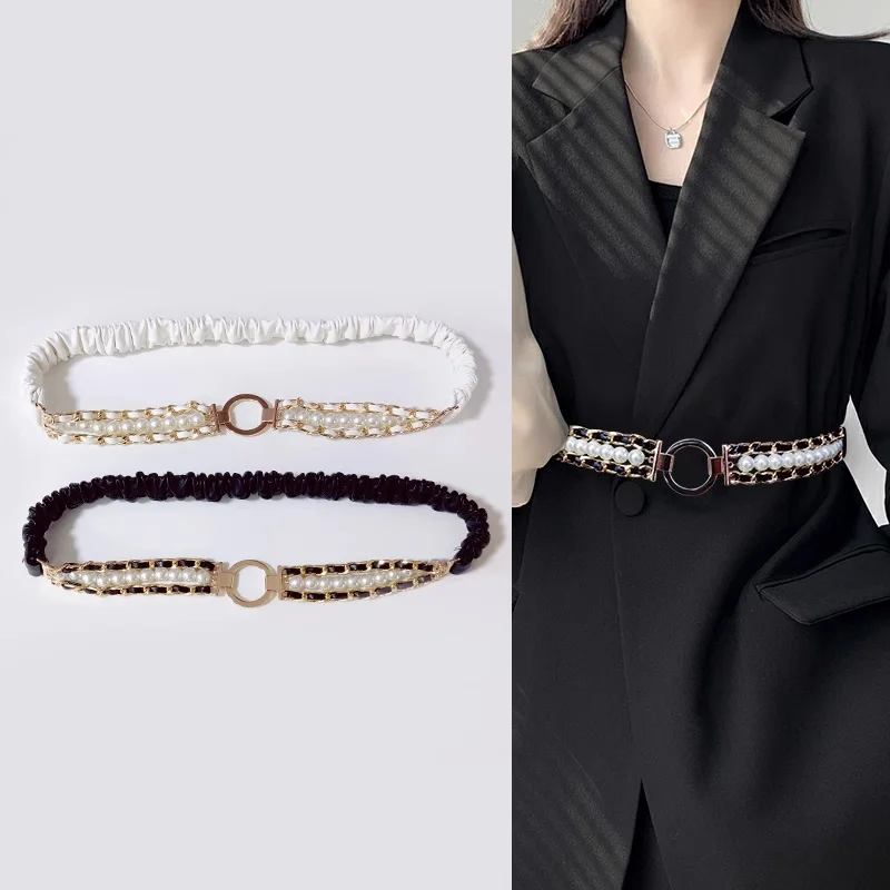 Fashion White corset Belt for women elegant high-end luxury brands Pearl Elastic cummerbund Black Desiner Women's belt female