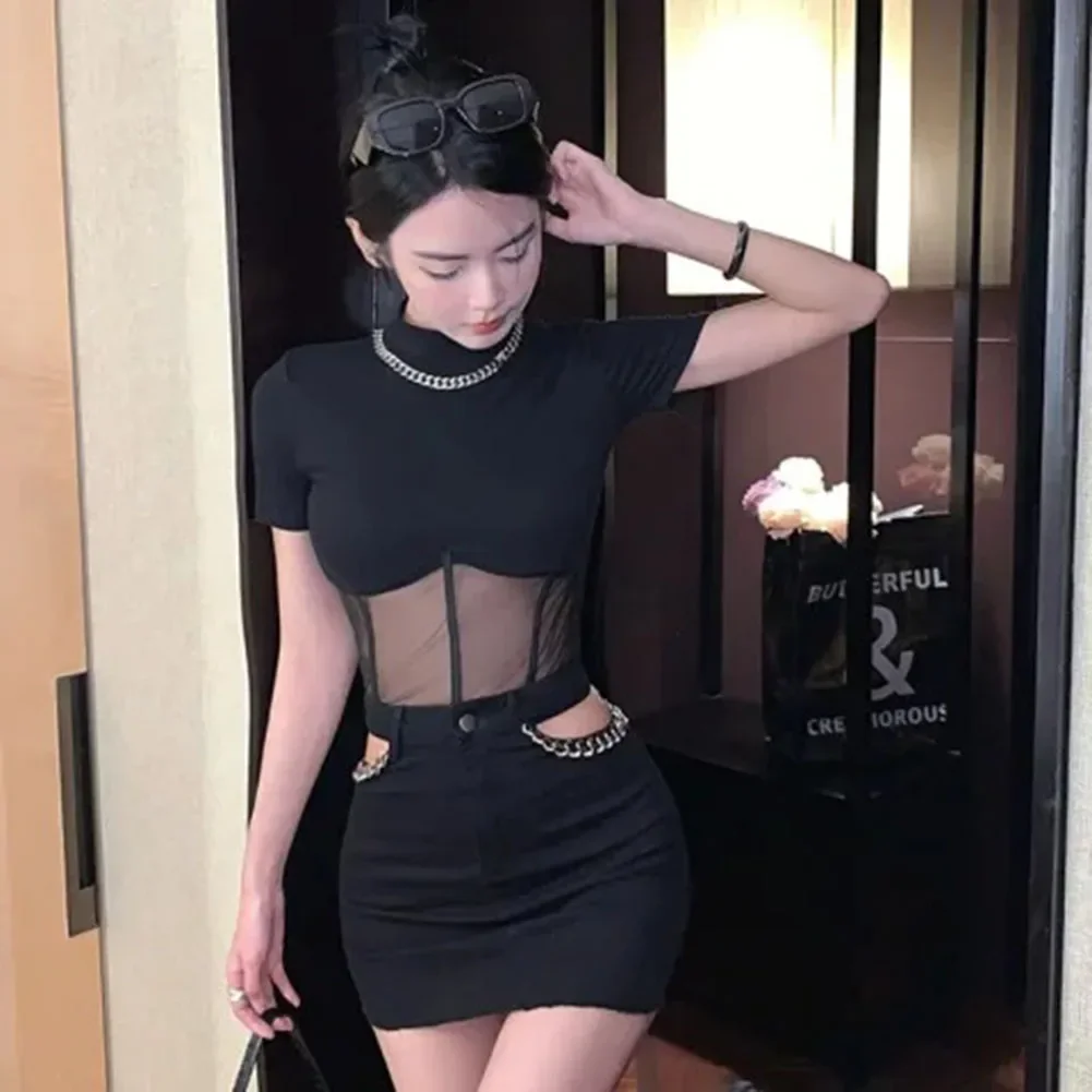 

Women's Tight Corset Style Round Neck Mesh Short Sleeved Crop Top Sheer Shirt T-shirt Transparent Shirt Fashionable Perspective