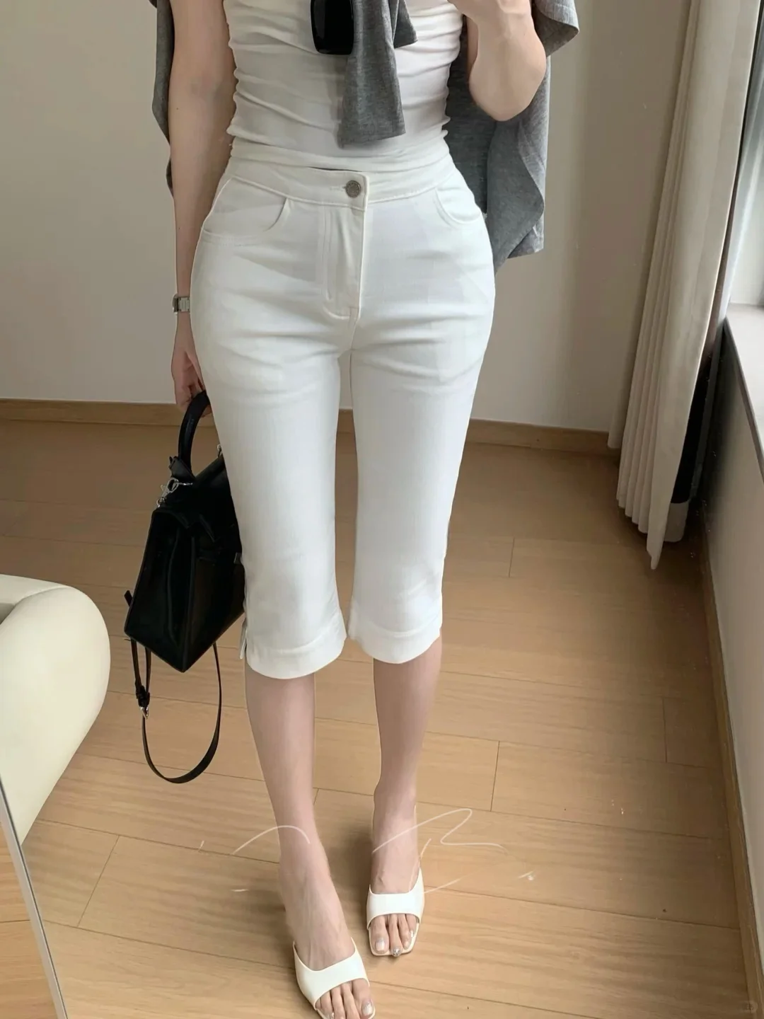 High Waist Sexy White High Elastic Slimming Butt Luring Denim Jeans Korean Style Seven-Foot Split Cotton Stretch Denim