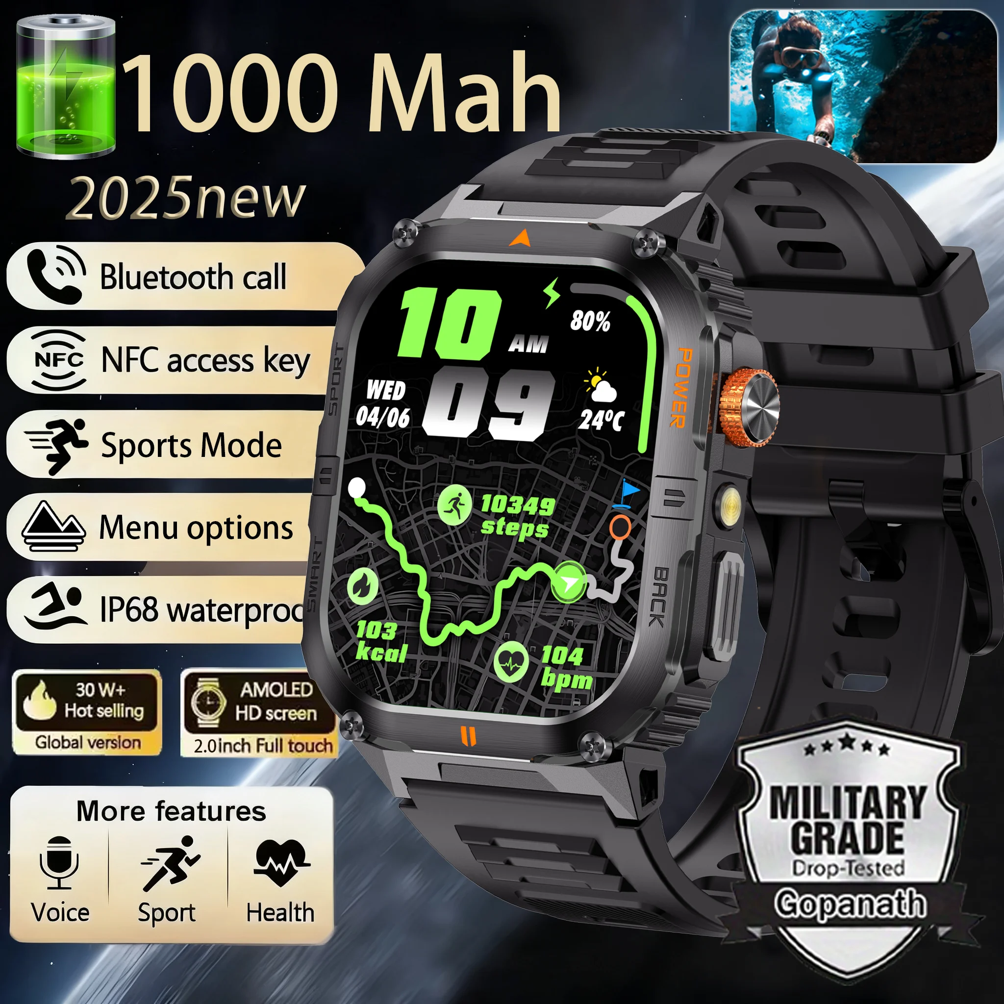 

2025 New Smart Watch 2.0-inch AMOLED Screen Bluetooth Call IP68 Waterproof 1000mA Sports Smartwatches Men Android Military-Grade