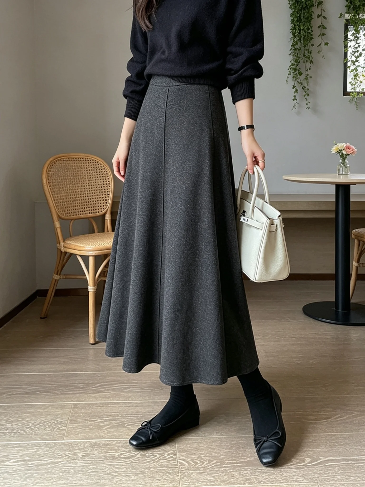 High Waist Midi A-Line Skirt Woolen Floor Length Slimming Versatile Ladies Fashion Autumn Winter Polyester Fiber Skirts