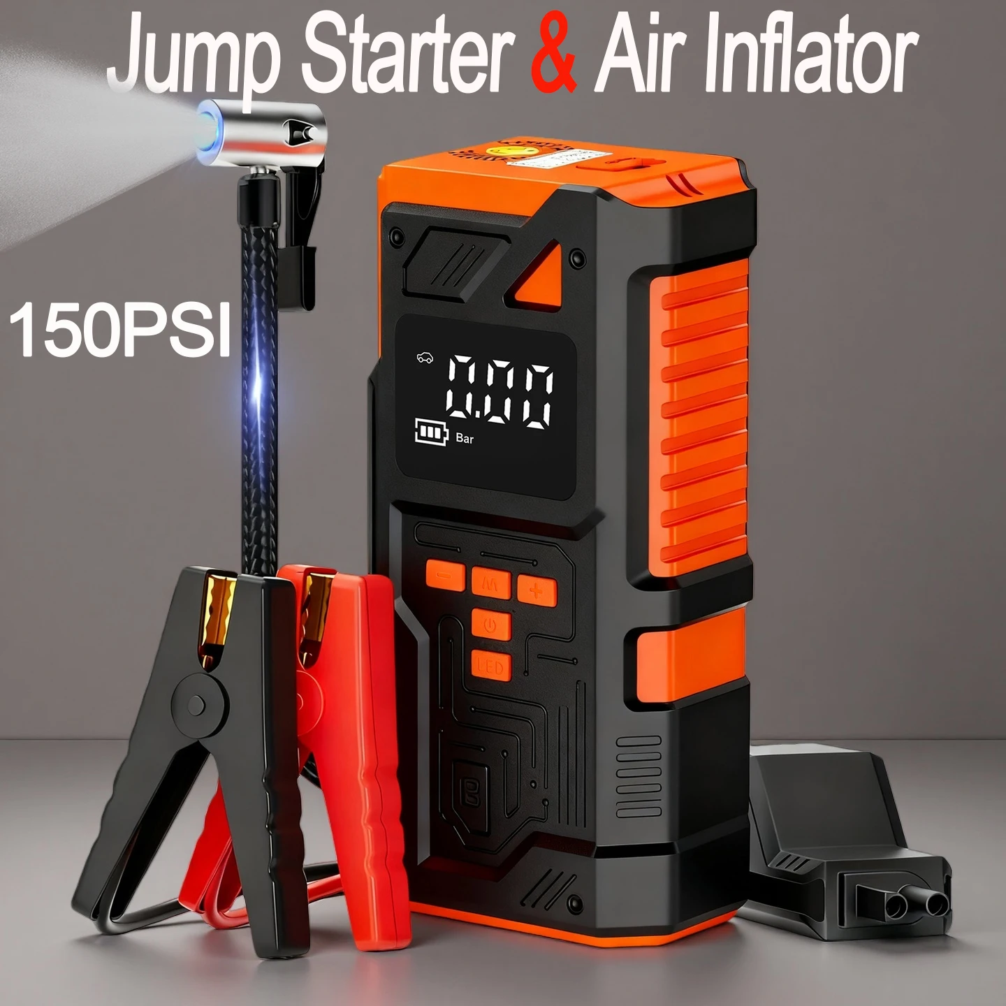 Car Jump Starter & Air Inflator - 10.2 Bar Fast Fill, -40°C Low-Temp Work 12V Lead-Acid Battery,LED Flashlight & Tire Monitoring