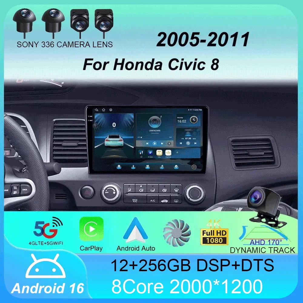 

Android 16 Car Radio Carplay Auto For Honda Civic 8 2005 2006 2007-2011 GPS Multimedia WIFI+4G Head Unit BT Player Video Stereo