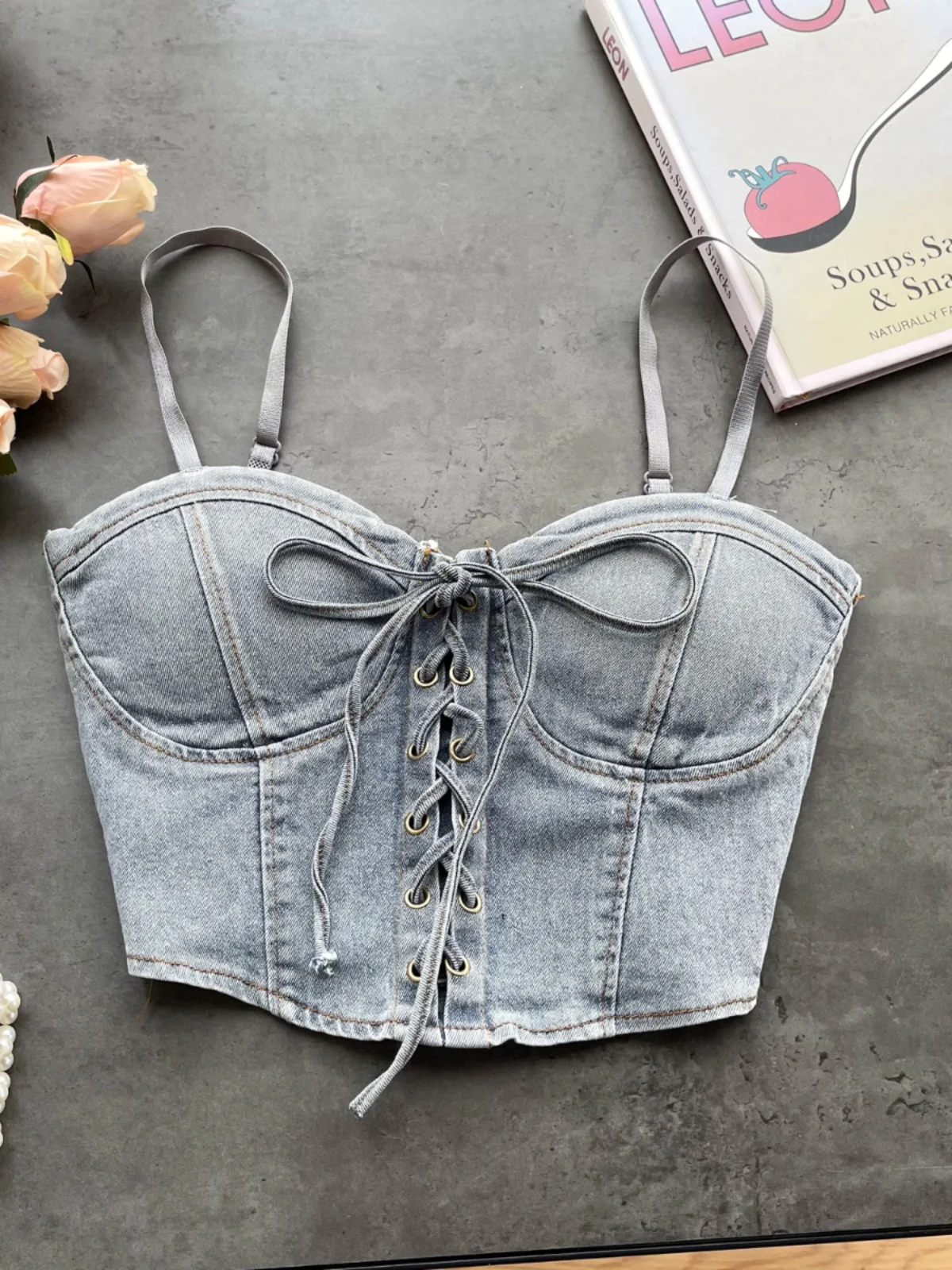 Top de Alças de Jeans Curto Sexy para Mulheres, Ajuste Slim, Estilo Casual de Verão, Sem Costas