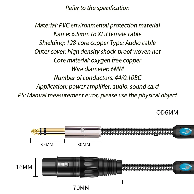 1/4 Inch TRS Stereo 6.5mm Male to XLR Female Balanced Audio Cable, Shielded Anti-Noise, for Speaker Microphone Mixer Guitar