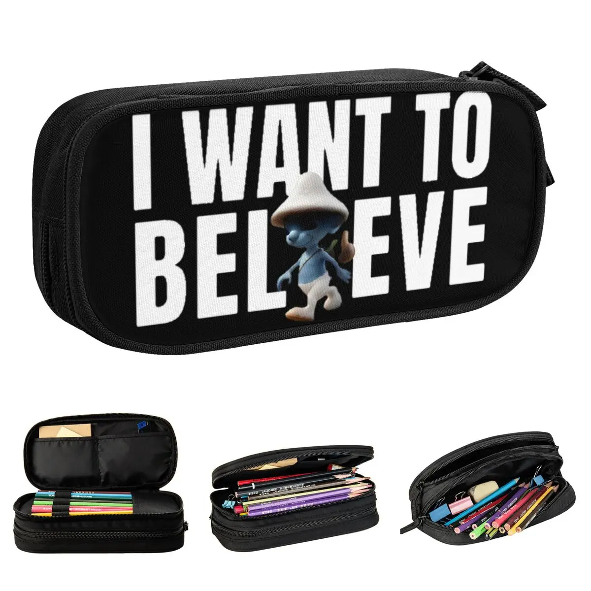 Large Pencil Pouch I Want To Believe In Shailushai Blue Cat Meme Office Supplies Double Layer Pencil Bag Women Makeup Bag Gift