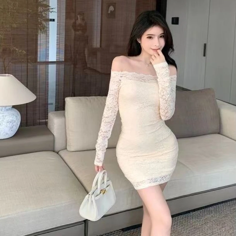 Mini sukienki bodycon z koronką, niebieskie, z jednym ramieniem, luźne, w promocji, tanie, codzienne, retro, grube, damskie sukienki z długim rękawem