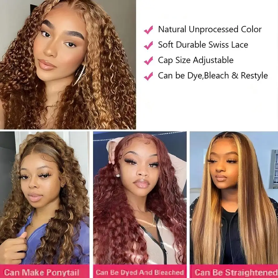 Deep Wave Curly Human Hair Wig Honey Blonde Highlight Wig Human Hair 5x5 HD Lace Closure Wig Glueless Wigs Human Hair For Woman image 5