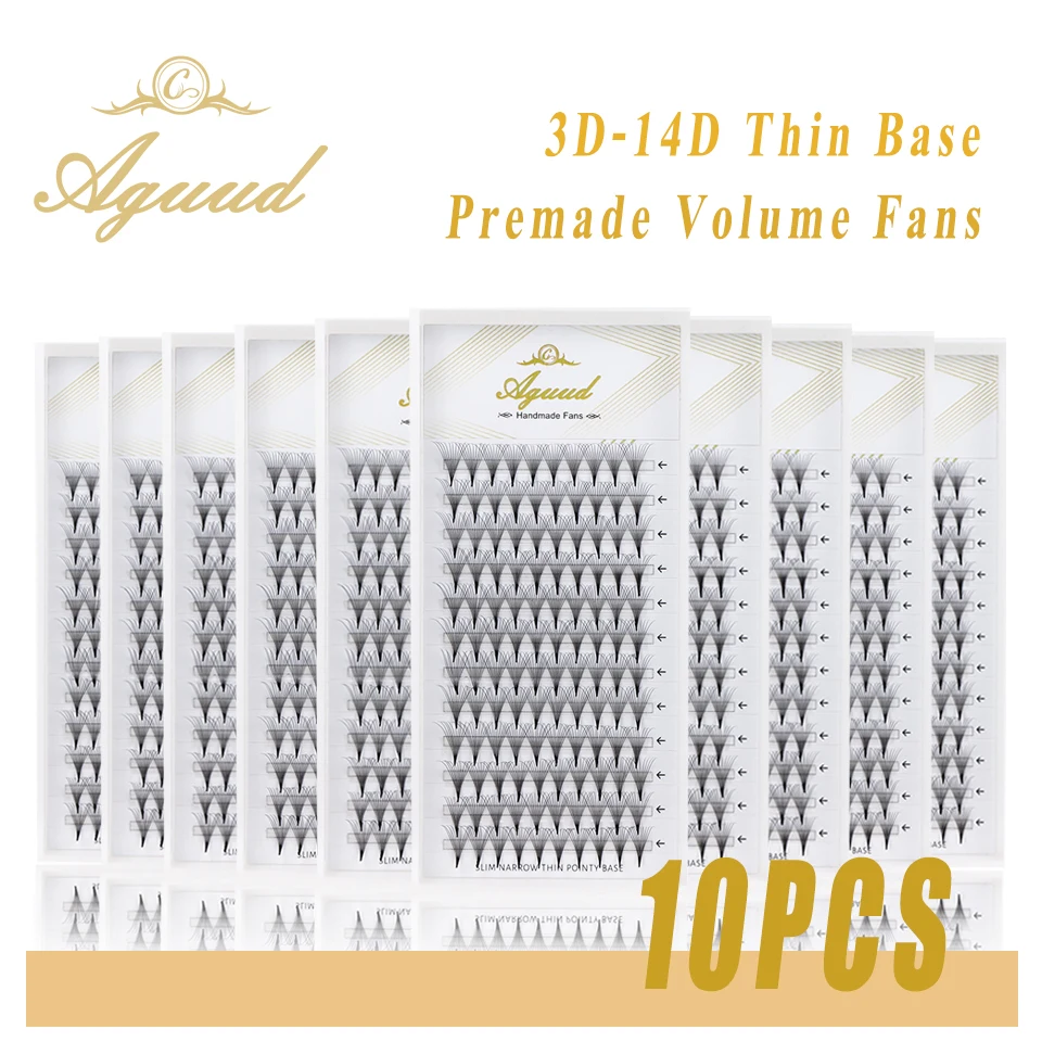 AGUUD 10 Trays/lot Sharp Narrow Stem Premade Fans Lashes Slim Thin Pointy Base 3D/4D/5D/6D/8D/10D/12D Russian Volume Fans Lash