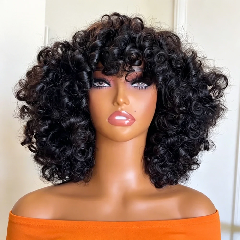 100% Echthaar Kurze Jerry Curly Bob Perücke mit Pony, sofort tragbar, kleberlos, federnde Locken, Echthaarperücken, vollständig maschinell gefertigt, Kopfhaut-Optik, Afro-Perücken für Frauen,