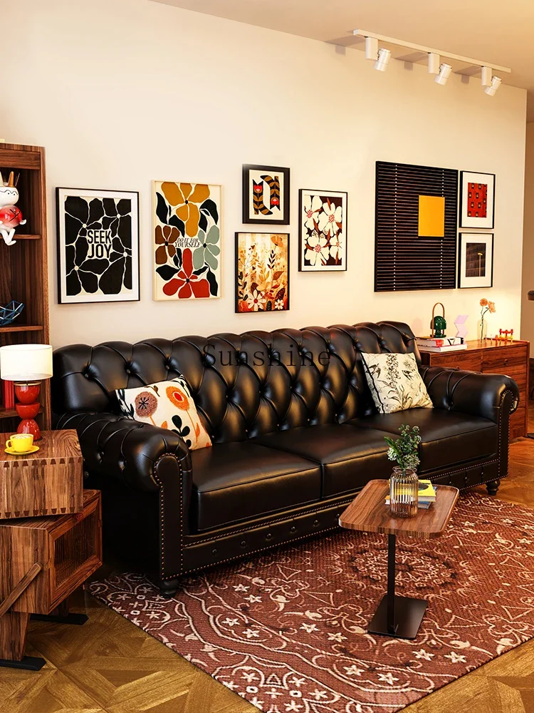 American oil wax first layer cowhide black retro knight straight row combination sofa living room furniture  FT