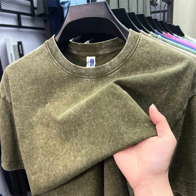 

Men's Summer New Washed Cotton T-Shirt Round Neck Fashionable Casual Short Sleeve Breathable High Street Quality Men's Clothing