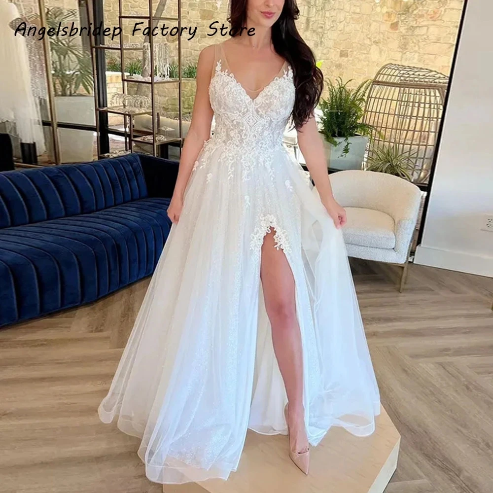 

Angelsbridep Boho V-Neck A-Line Wedding Dress Lace Appliques Lace-up Back Bride Gown Sexy Side Split Robe De Soirée De Mariage