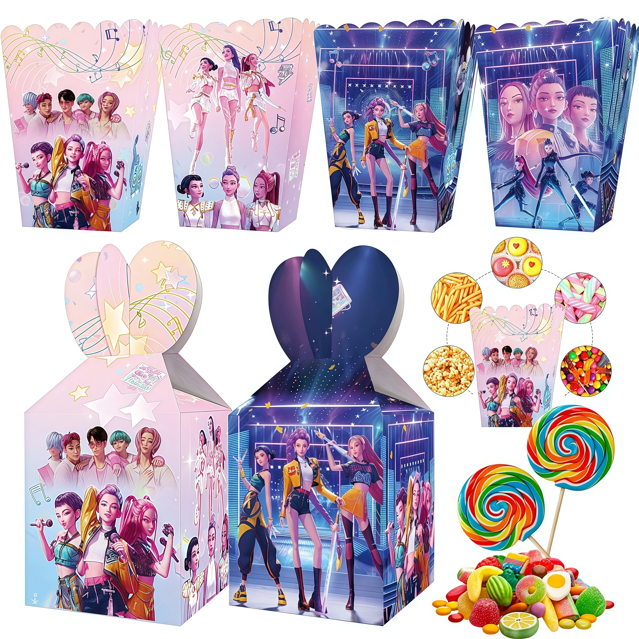 קופסת פופקורן למסיבת נושא, קופסת צ'יפס, ציוד למסיבת אוכל, למסיבת Kpop Demon Hunters, ממתקים וחטיפים, לקישוט מתנת יום הולדת