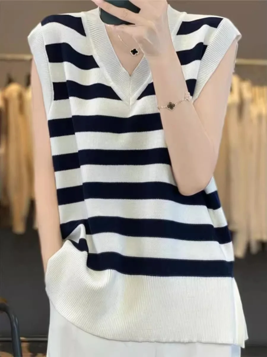 

Весенне-осенний вязаный шерстяной жилет с V-образным вырезом, свободный крой, в полоску, с подплечниками, большие размеры, модный женский топ
